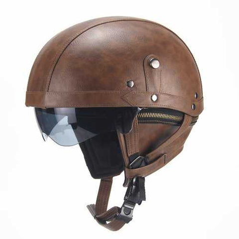 Retro PU Motorcycle Half Helmet Open Face With Visor Motorbike Scooter Cruise Safety