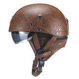 Unisex Leather Helmets for Motorcycle Retro Half Cruise Helmet Motorcycle Helmet Dark brown